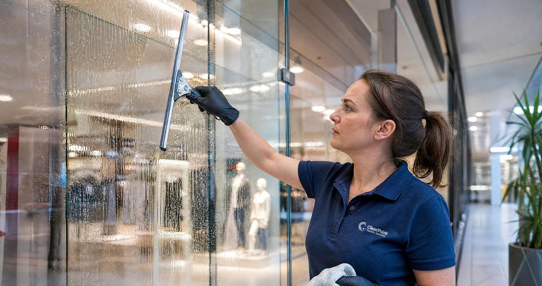 ClearPoint Janitor Cleaning Windows at Shopping Mall